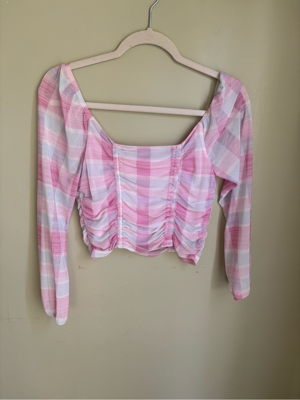 NWT BCBG Generation Mesh Gingham Top in Madras Plaid. Pastel pinks/blues. Size M - Picture 7 of 16